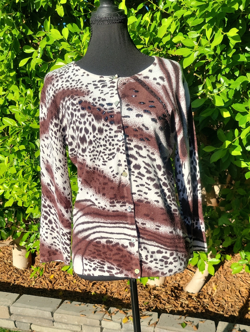 Brown & White Animal Print Embellished Cardigan Sweater